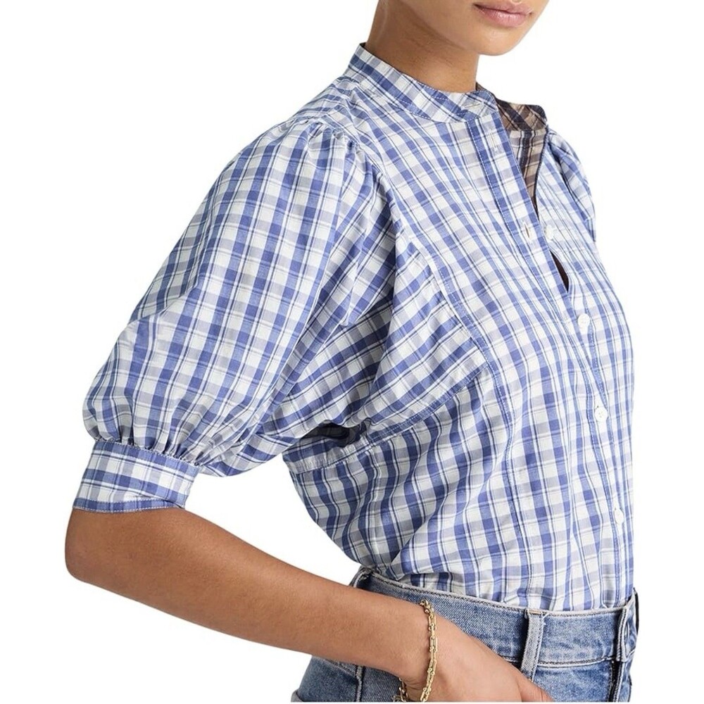 Madewell NWT Checkered Tessa Top Band Collar Puff Sleeve Size 12 Coquette Girl - Picture 2 of 4